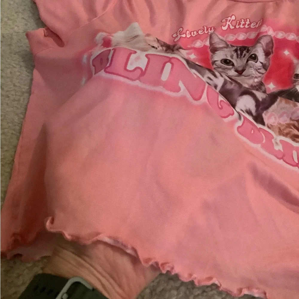 Shein Curve Romwe Pink Sheer Ruffle Edge BabyDoll Crop Kitten Cats Shirt 1X plus